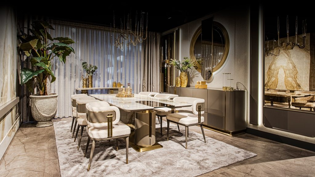 Fabiano salon takımı; altın detaylı yemek masası, krem sandalyeler ve modern ayna dekorasyonuyla şık bir iç mekan