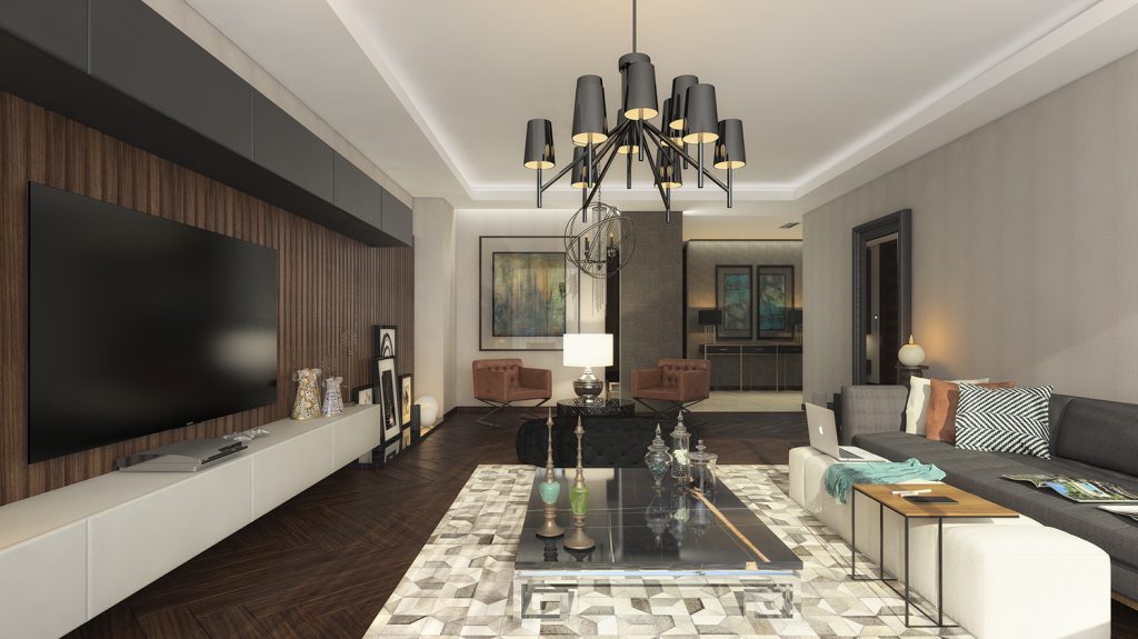 Cam tablalı modern orta sehpa kullanılan ferah salon dekorasyonu