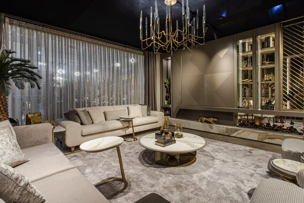 Modern ve zarif Fabiano Salon Takımı oturma alanı ve şömine